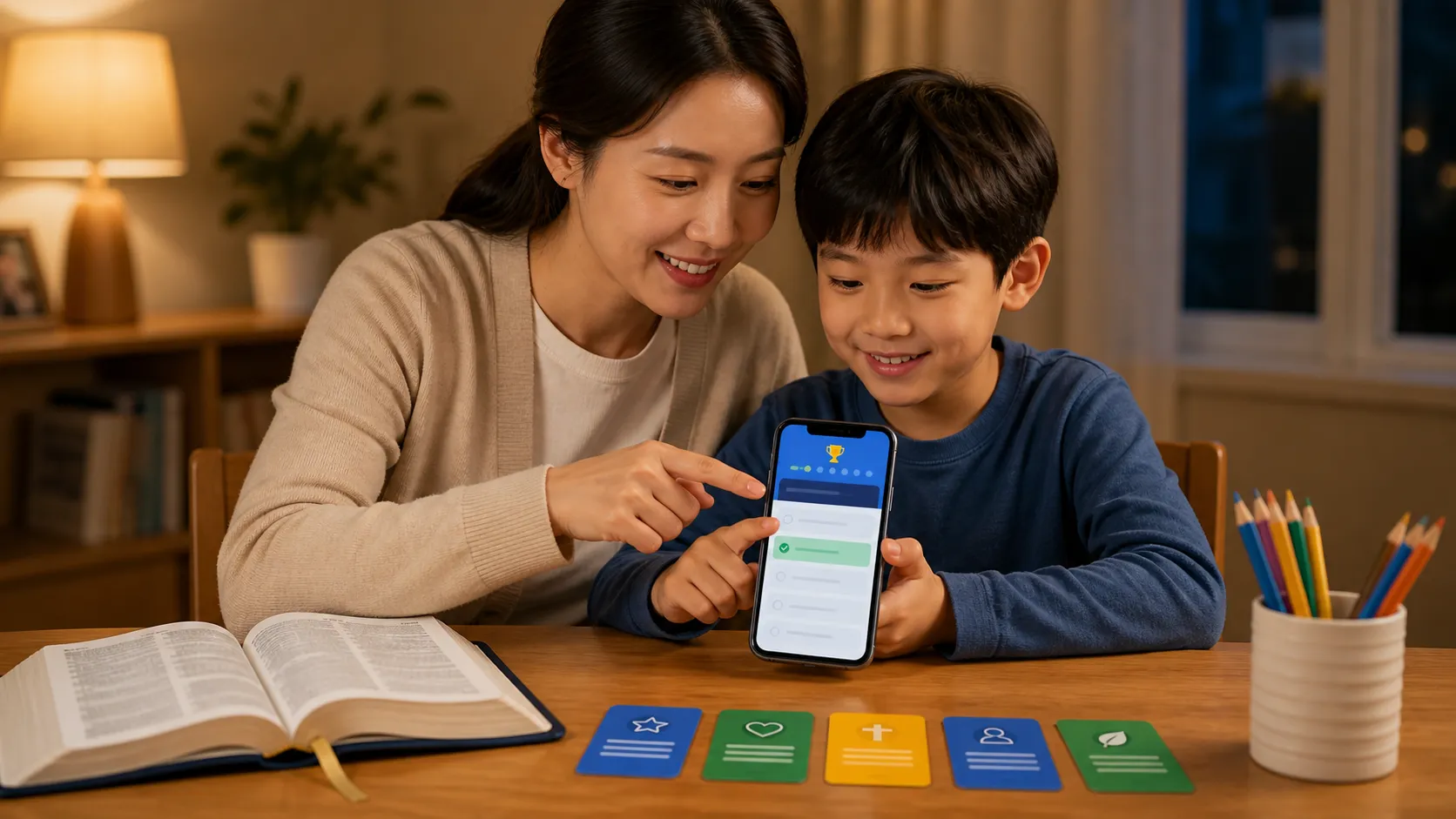 부모와 아이가 성경퀴즈 착착으로 주중 말씀 복습을 하는 모습