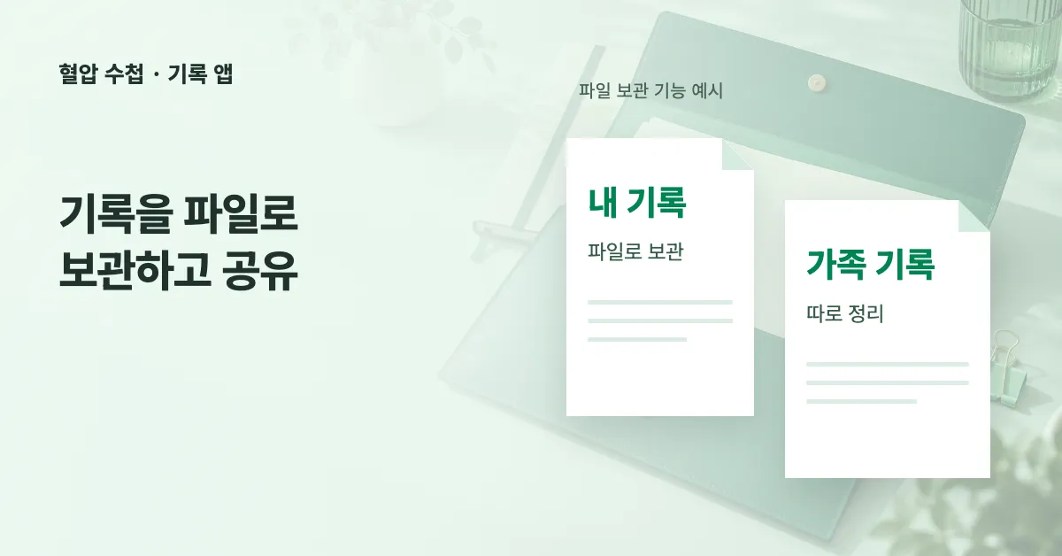 내 기록과 가족 기록을 나누어 파일로 보관하는 혈압 수첩 기능 설명 이미지