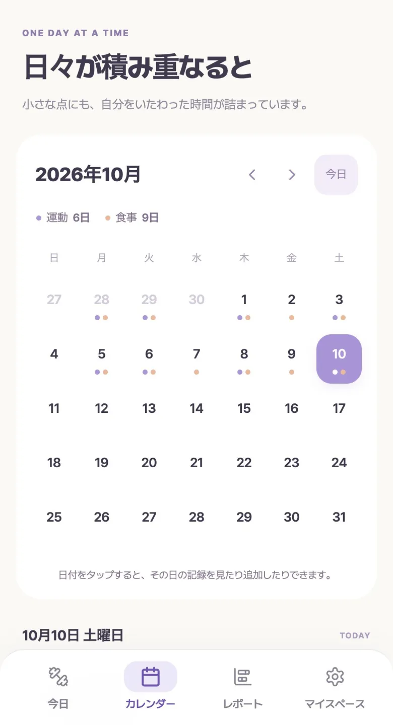 Daily Bodyのカレンダーで日付別記録を確認する画面