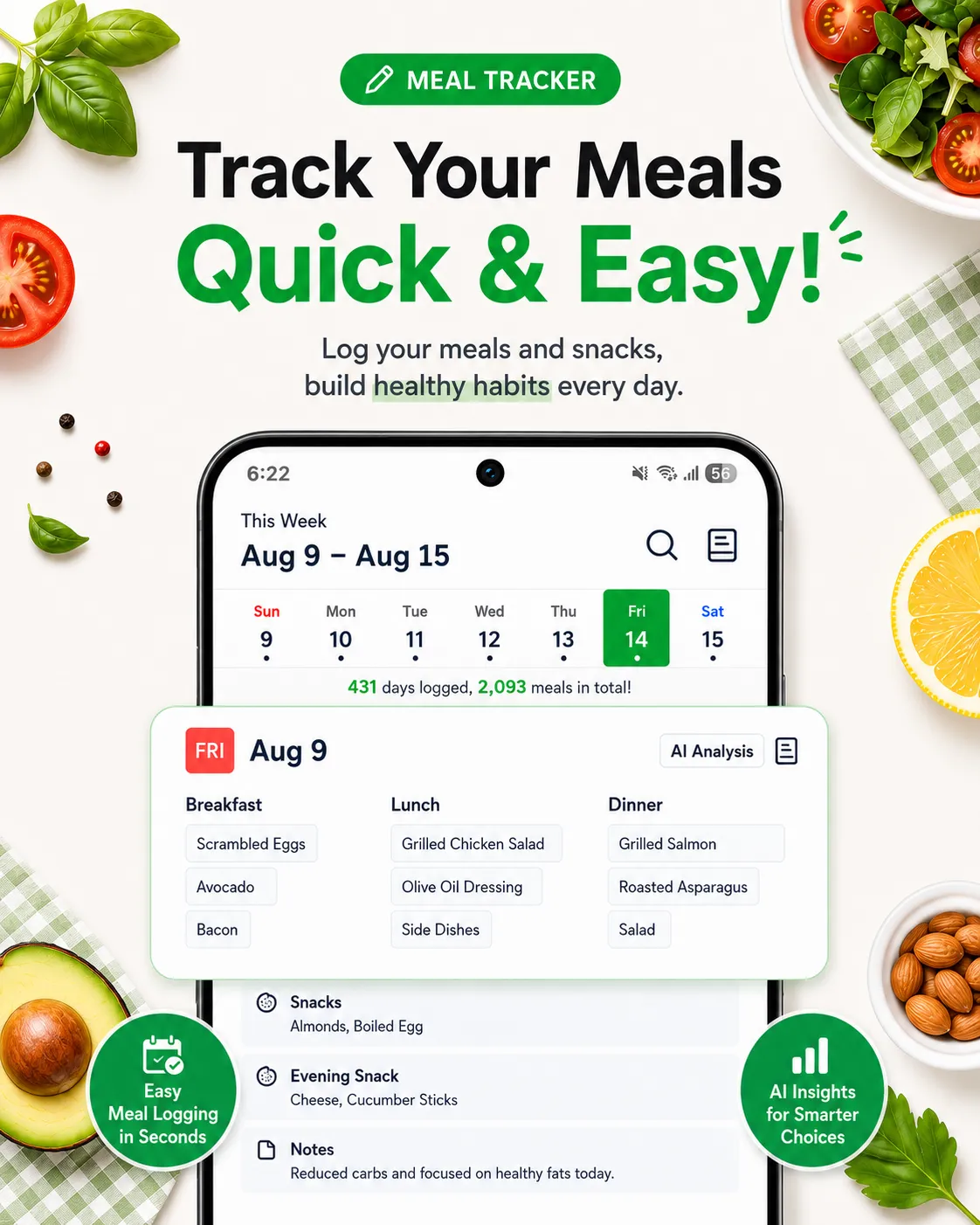 MealLog screen for quickly recording meals and snacks