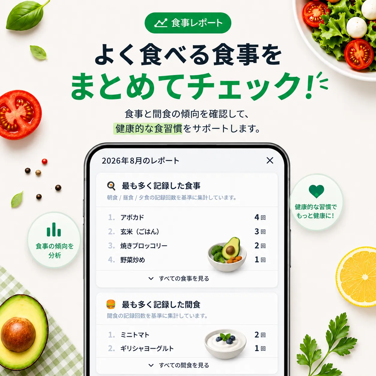 よく食べる食事と間食を表示する食事ログの食事レポート