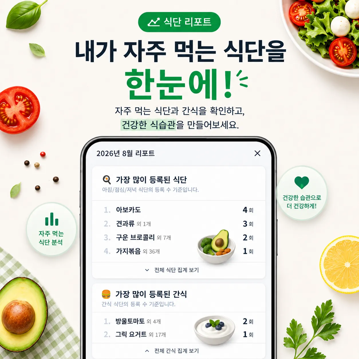 자주 먹는 식사와 간식을 보여주는 식단 착착 식단 리포트