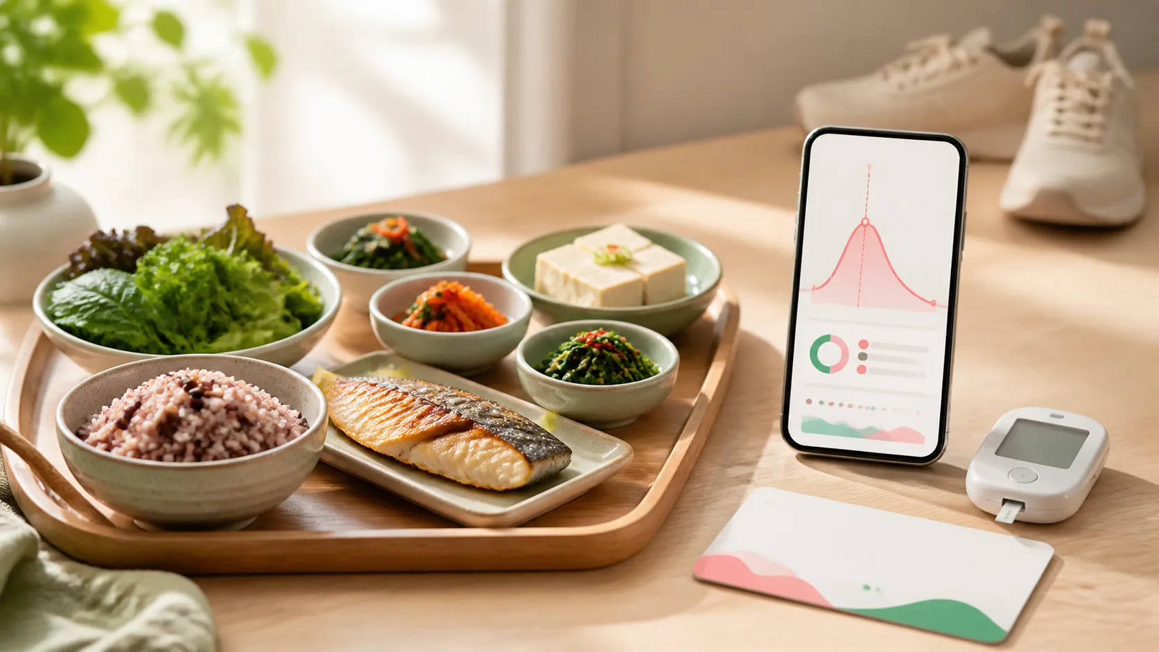 균형 잡힌 식사와 식후 혈당 변화 그래프, 혈당 측정기가 놓인 모습