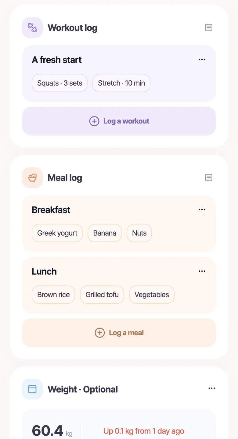 Workout and meal keyword cards in Daily Body