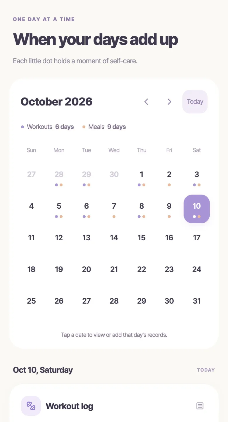 Daily Body monthly calendar with records for a selected date