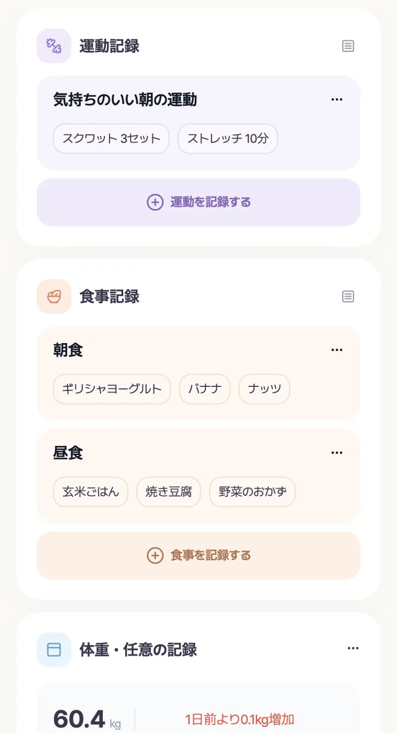 Daily Bodyの運動・食事キーワードの記録カード