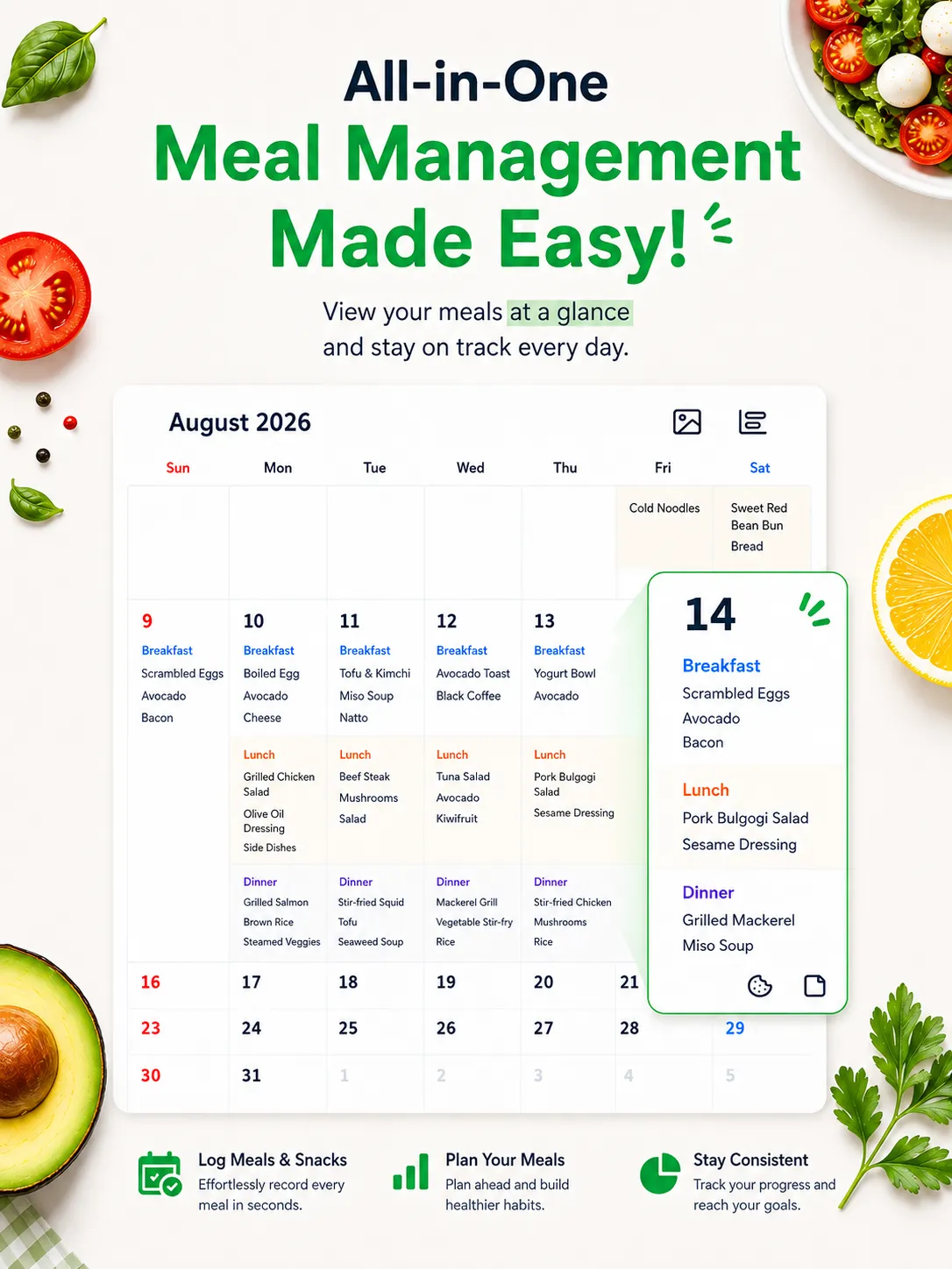MealLog monthly calendar for planning and reviewing meals