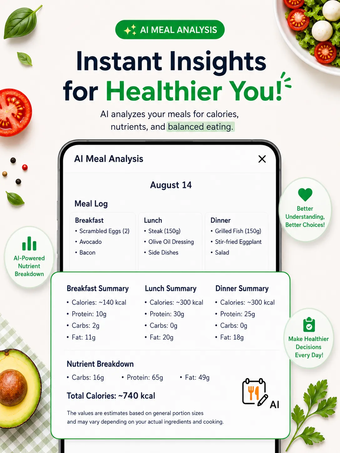 MealLog AI meal analysis with calorie and nutrient estimates