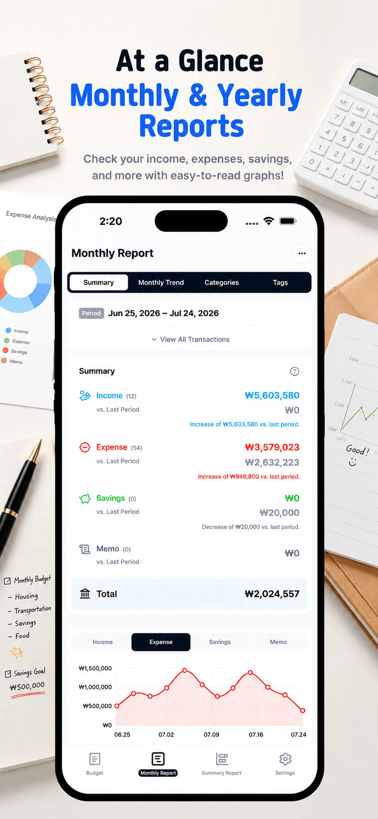 Monthly report comparing income, expenses, and savings with the previous period