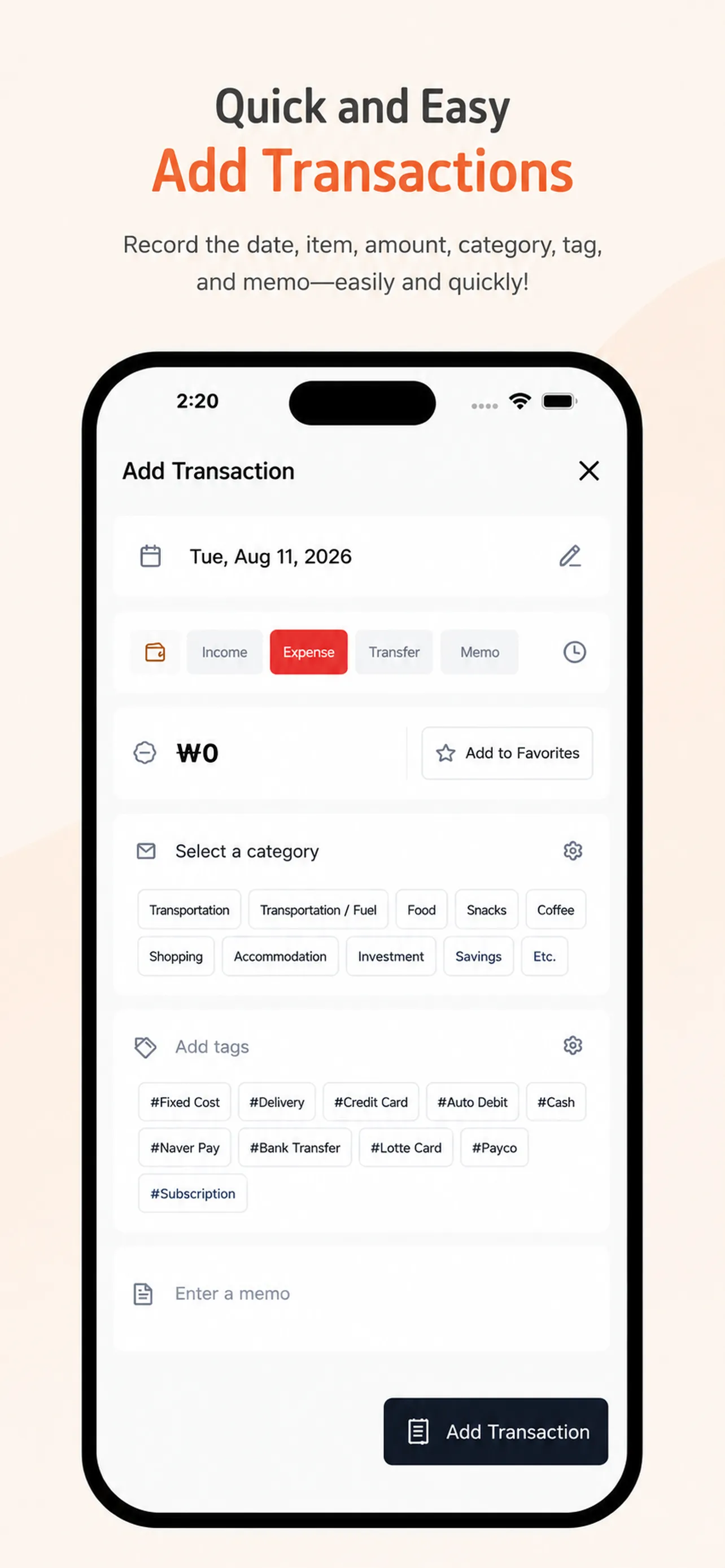 Money Tracker entry screen with category, payment tags, and memo