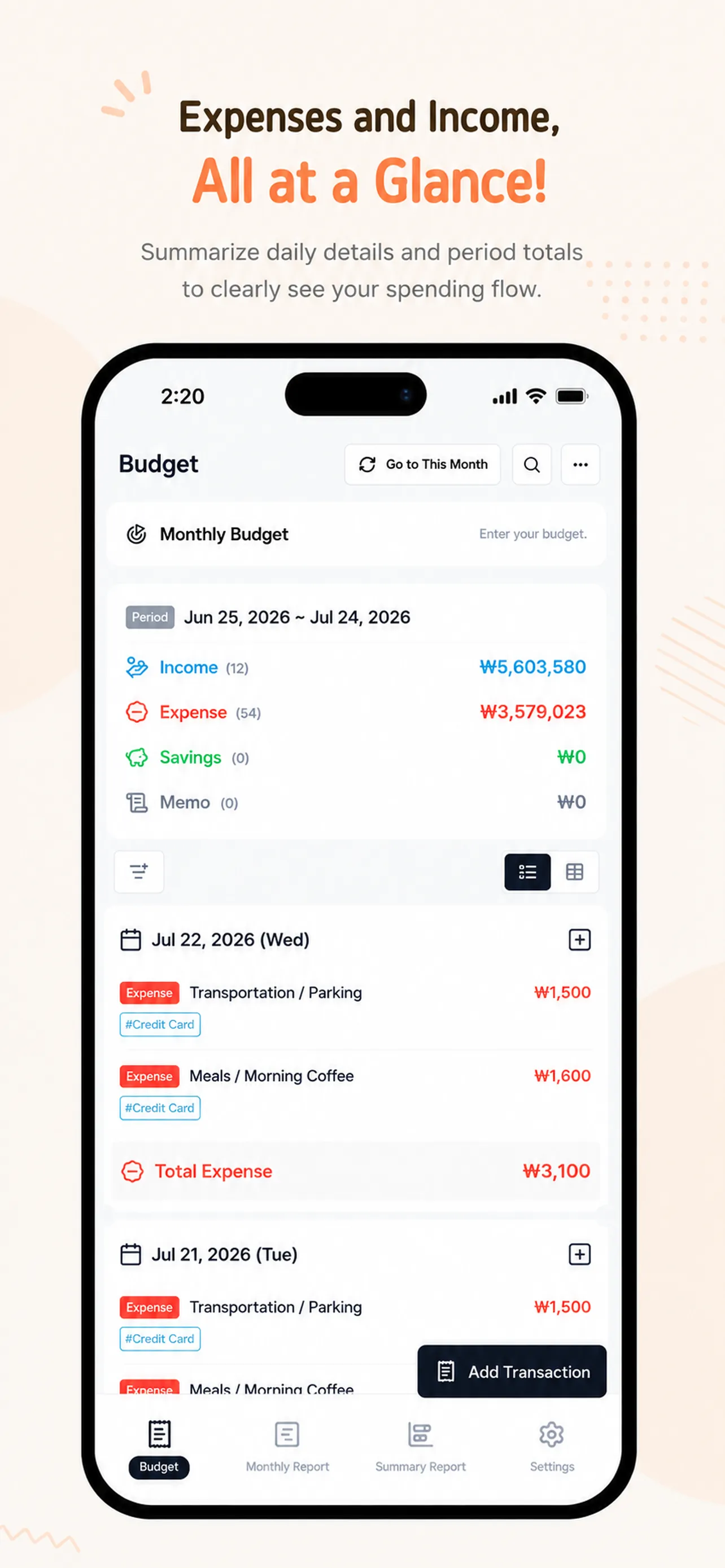 Daily expense list showing credit card tags and totals