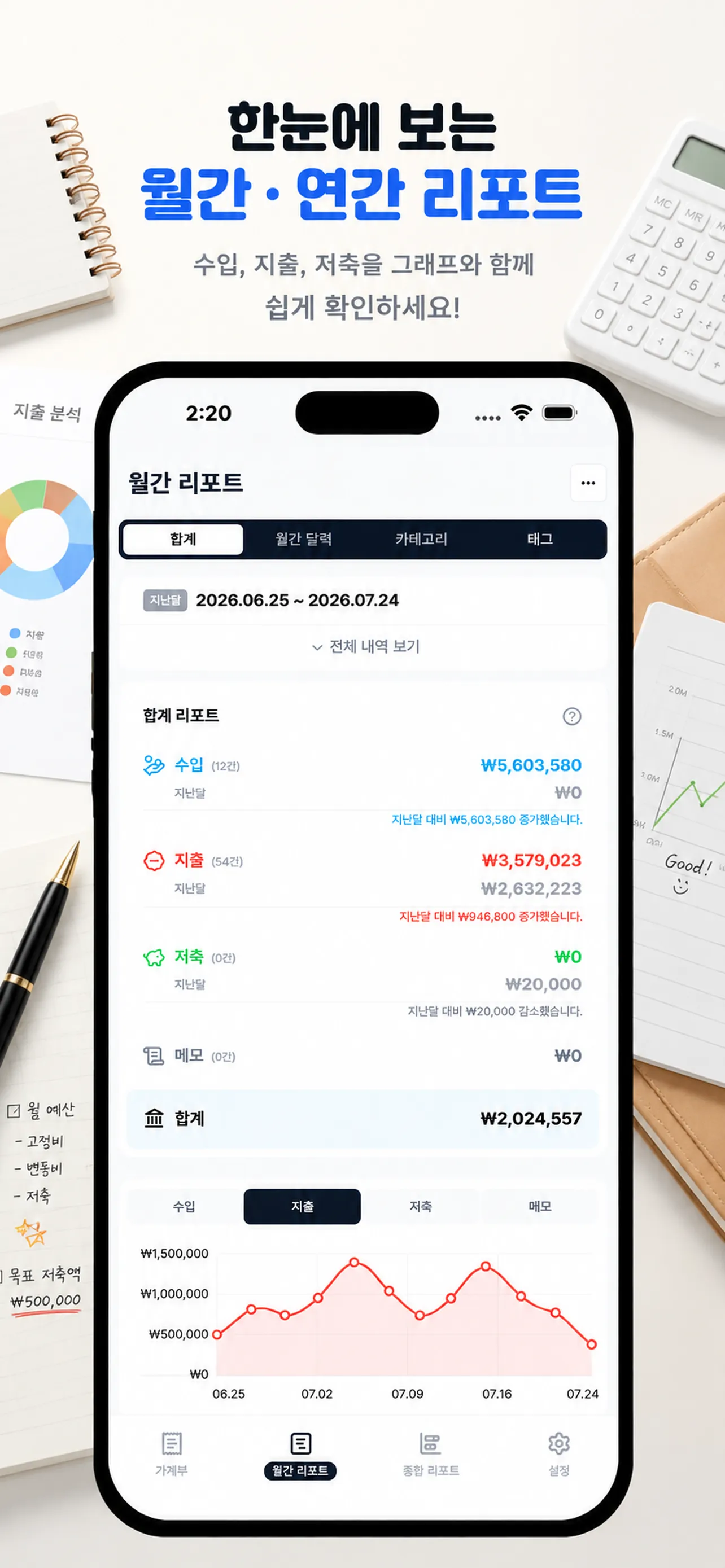 수입, 지출, 저축의 전월 비교와 월별 추이를 보여주는 월간 리포트