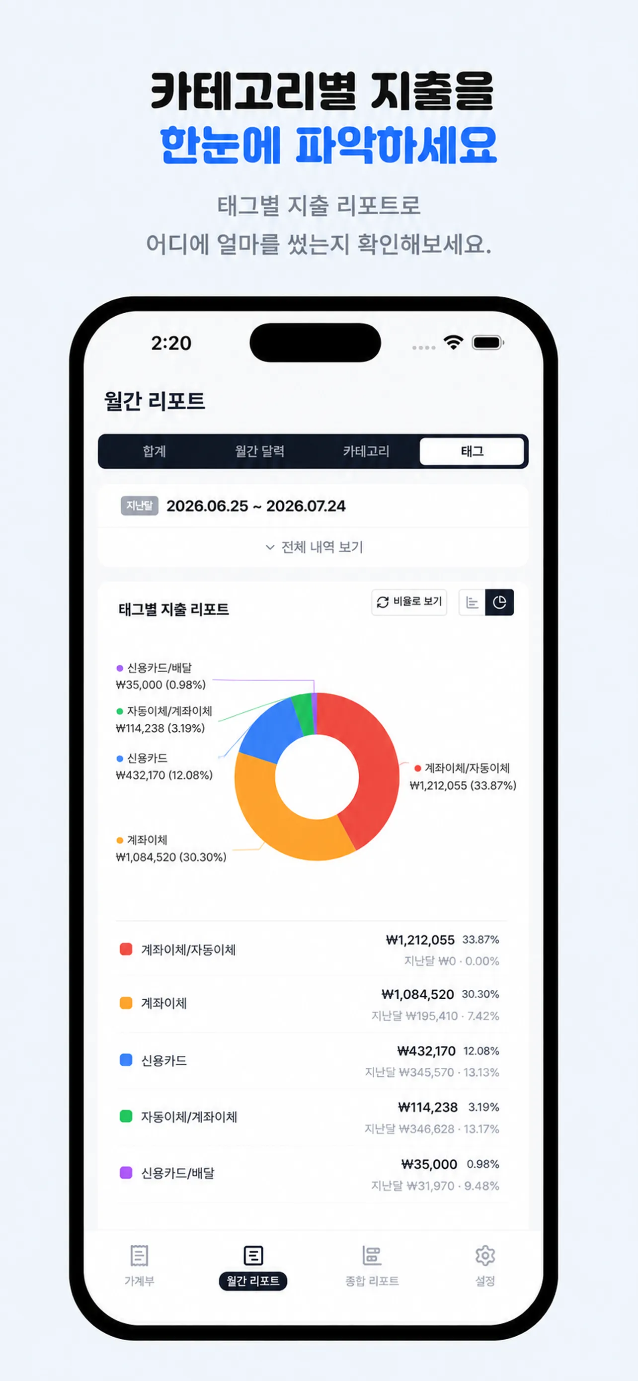 카테고리와 태그별 지출 금액 및 비율을 보여주는 월간 리포트